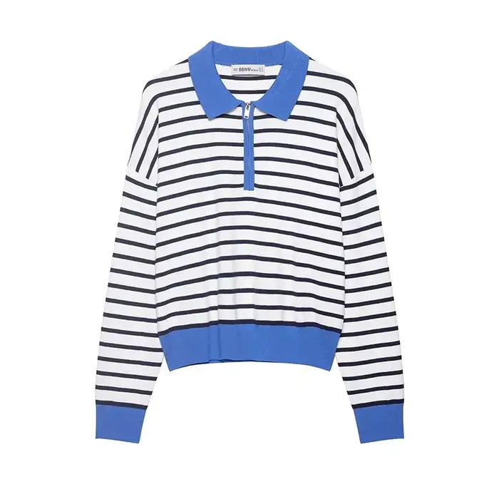 Pull tricoté rayé col polo élégant pour femme – Nouvelle collection Printemps 2026 – Chic et tendanc