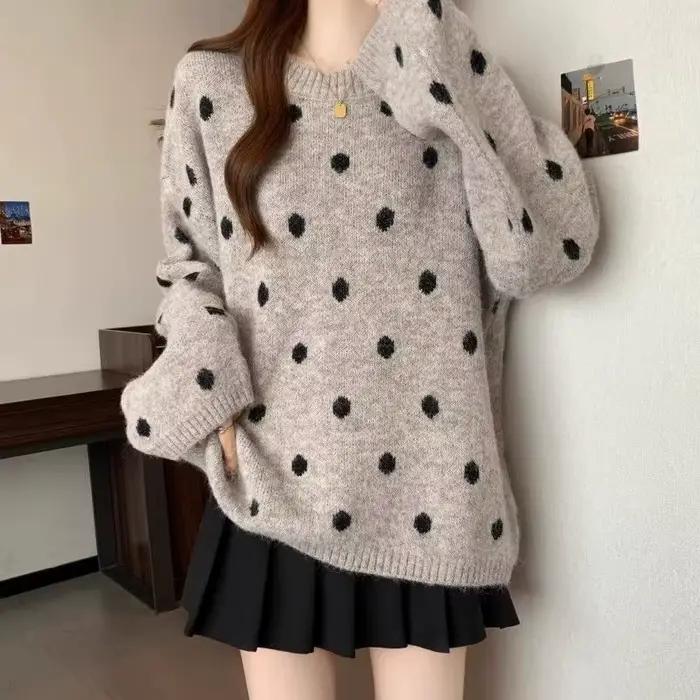 Pull à pois tricoté décontracté et ample, nouvelle collection automne-hiver 2026, épais et confortab
