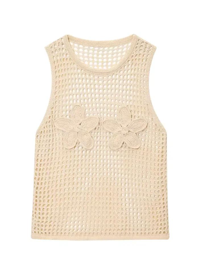 Gilet sans manches en Crochet ajouré pour femmes, Sexy, col rond, Transparent, fleur 3D, hauts trico