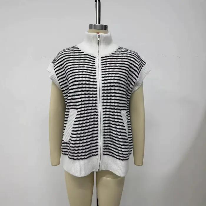 Gilet tricoté à fermeture éclair, col montant, sans manches, décontracté, Style doux, fausse poche, 
