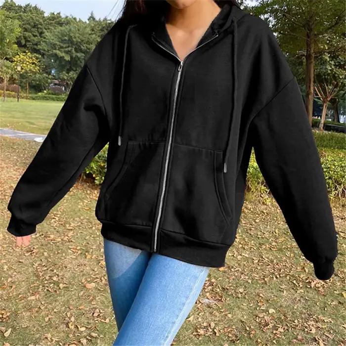 Sweat-shirt à capuche en peluche pour femmes, couleur unie, veste à manches longues, haut ample avec