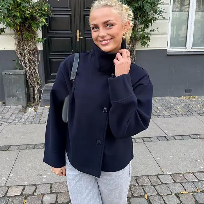 Manteau en laine ample à col montant pour femme, manches longues, simple boutonnage, avec poches, co