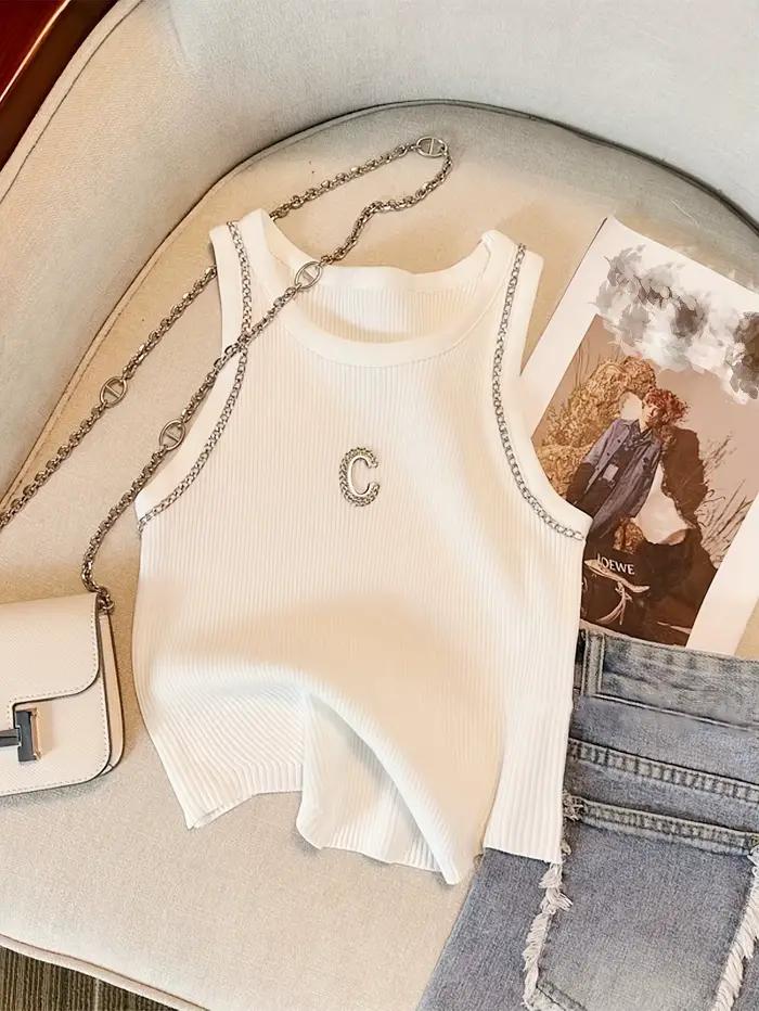 Gilet en tricot côtelé blanc élégant avec chaîne, haut court sans manches à col rond pour femmes, mo