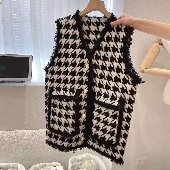 Gilet pied-de-poule blanc pour femme, nouvelle veste élégante et polyvalente, tendance, automne 2025