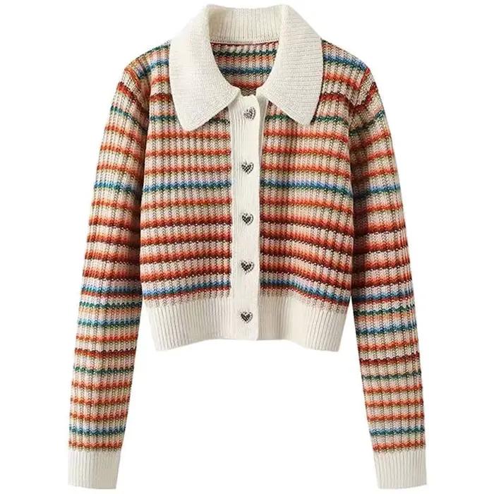 Cardigan court à rayures colorées pour femmes, pull à rayures vintage, col rabattu amincissant, haut