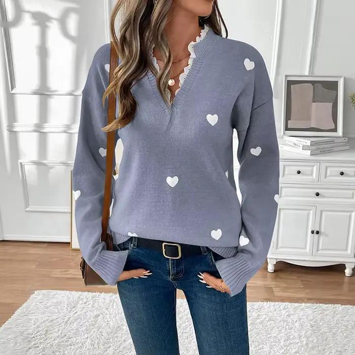 Pull en tricot à col en V avec dentelle épissée, nouvelle collection Automne/Hiver 2025