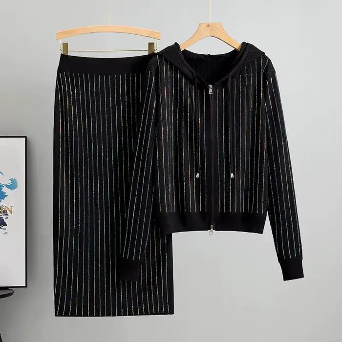 Cardigan tricoté pour femmes, taille haute, jupe enveloppée dans les fesses, costumes 2 pièces, luxe