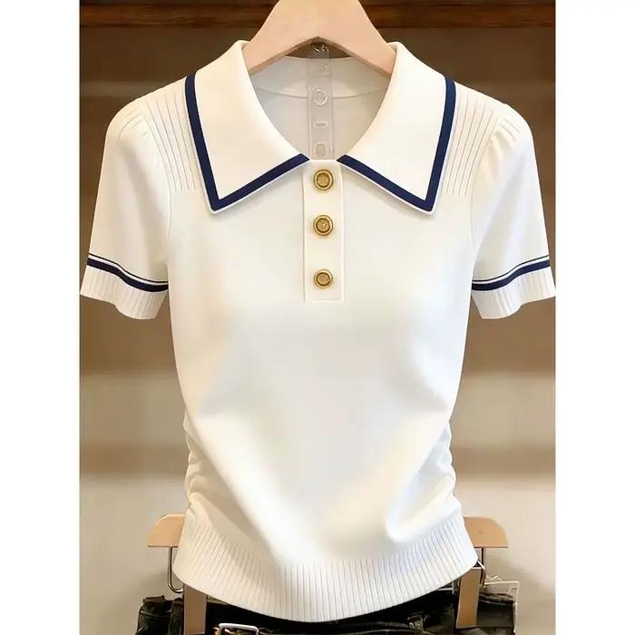 Pull à col polo de style français, couleur contrastée, à manches courtes pour femme, design estival,
