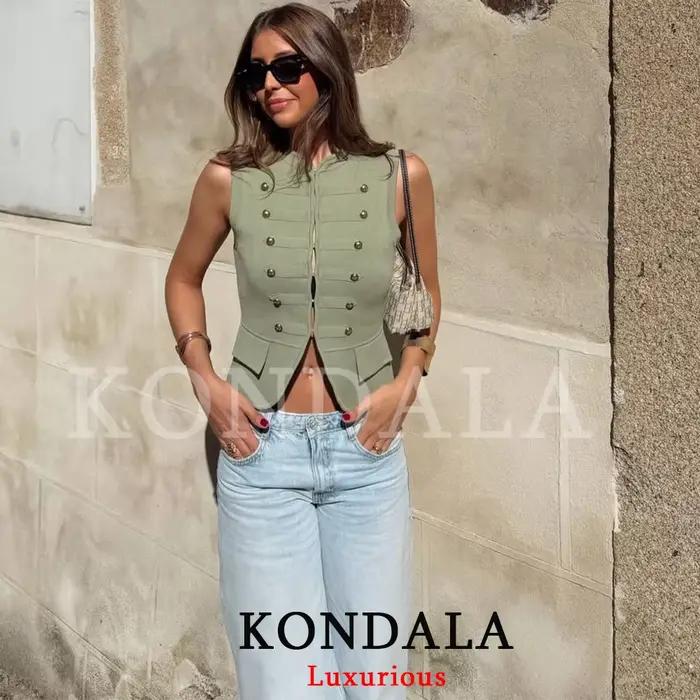 KONDALA Gilet Chic Décontracté Vintage pour Femme, Vert Uni, Col Rond, Simple Boutonnage, Gilet Four