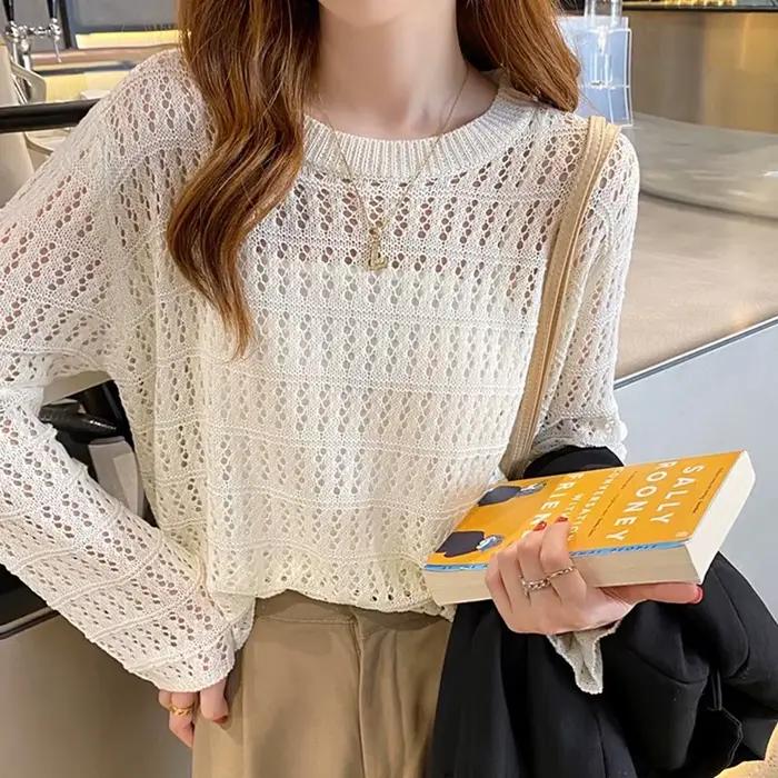 Pull en tricot ouvert à manches longues pour femmes, col rond en Y, pull court, chemisier pour adole