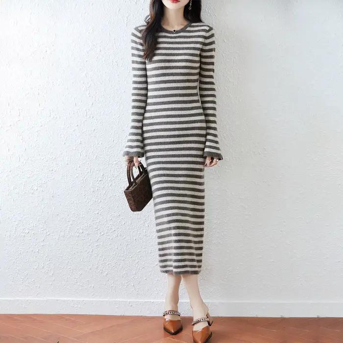 Jupe pull longue rayée, longueur aux genoux, en laine rembourrée, en tricot, nouvelle collection aut