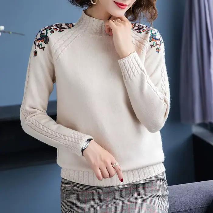 Pull Femme nouveau Vintage imprimé tricots Pull femmes demi col haut pulls à manches longues hauts a