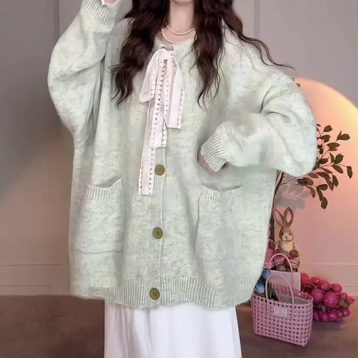 Cardigan en tricot ample, nouveau pull haut de gamme avec nœud, automne hiver 2025