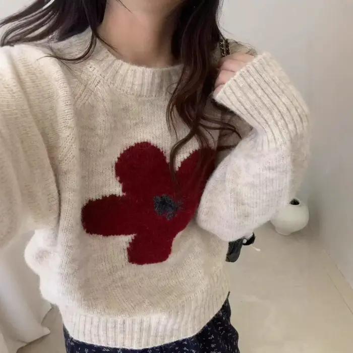 Pull à fleurs pour femmes en automne, vêtements d'extérieur amples avec pull court et polyvalent, ha