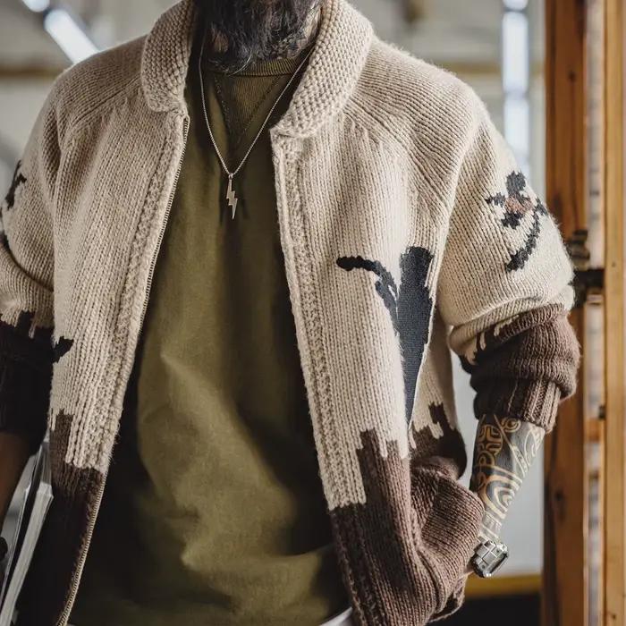 Maden hommes rétro brodé chasse Cardigan zippé pull kaki tricot veste décontracté doux chaud manteau