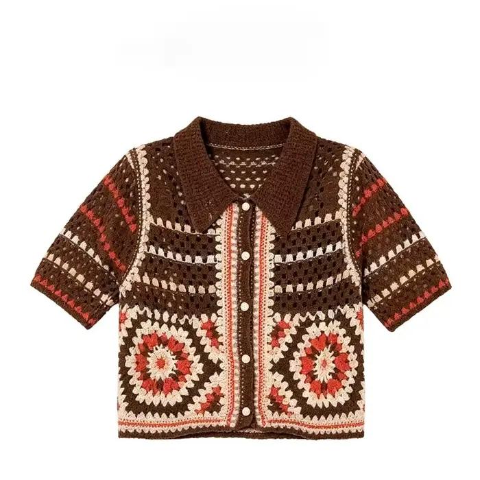 Cardigan en crochet pour femme, style bohème, motif carré Granny Square, boutonné, manches courtes, 