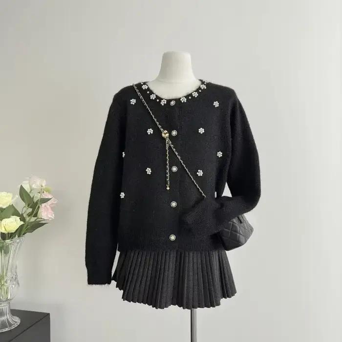 Femmes pull Cardigan 2024 automne Wintter nouveauté cachemire noir Cardigan décontracté perlé hauts 