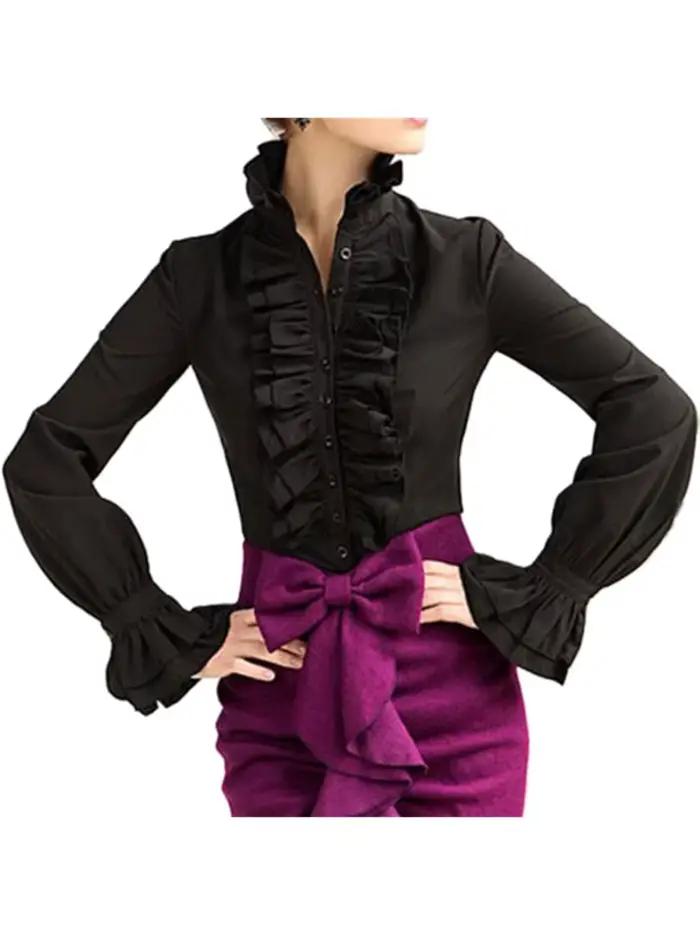 Mode victorienne femmes hauts volants à manches longues à volants couleur unie OL bureau chemise fro