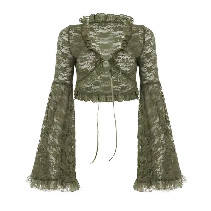 Cardigan vert en dentelle à nouer pour femme, col en V, manches évasées transparentes, style court, 