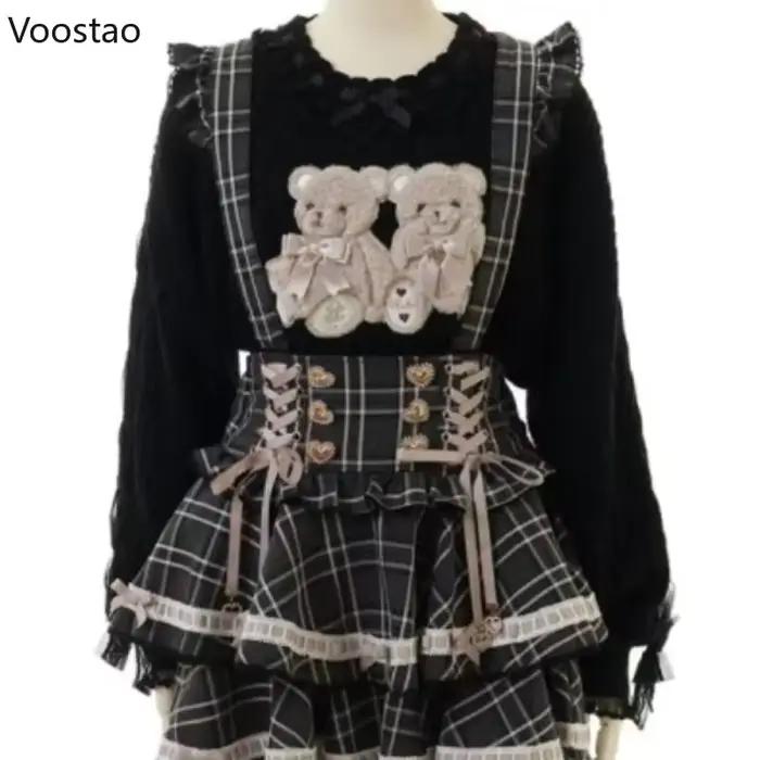 Pull tricoté Vintage Style Lolita pour filles, mignon en peluche, ours de dessin animé brodé avec nœ