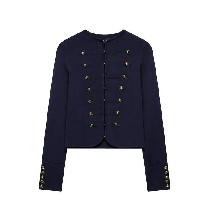 HH Cardigan en tricot style militaire français pour femme, veste courte à boutons dorés, élégante, c