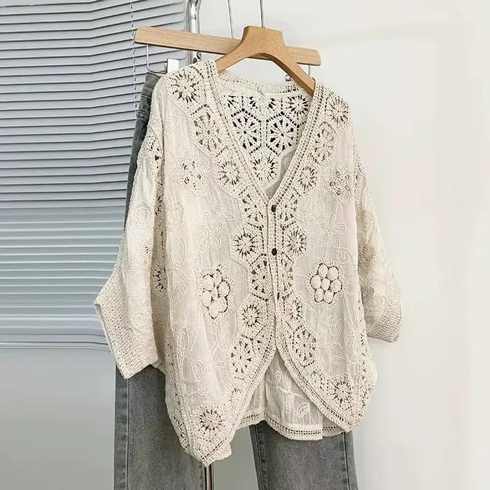 Cardigan en crochet bohème - Couverture en dentelle florale et géométrique romantique pour les vacan