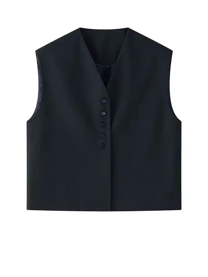 [EAM] femmes bleu marine simple boutonnage grande taille élégant gilet nouveau col en V sans manches