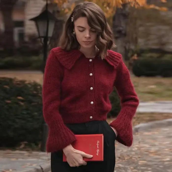 Pull tricoté à manches longues pour femme, Patchwork de pompons, simple boutonnage, col rond, Slim, 
