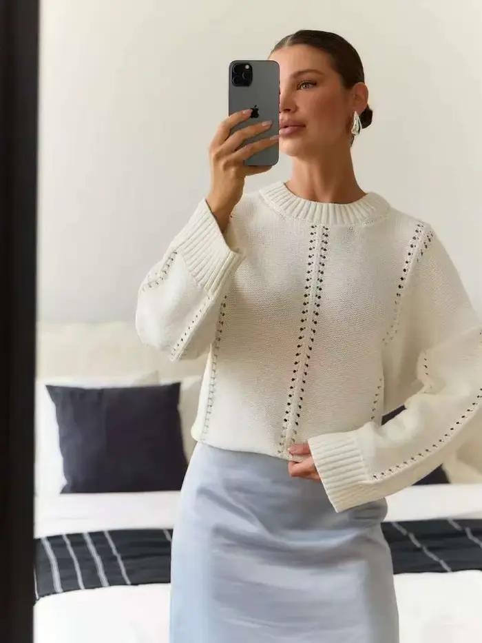 Pull ajouré européen et américain pour femmes, début d'automne, nouveau pull ample à col rond