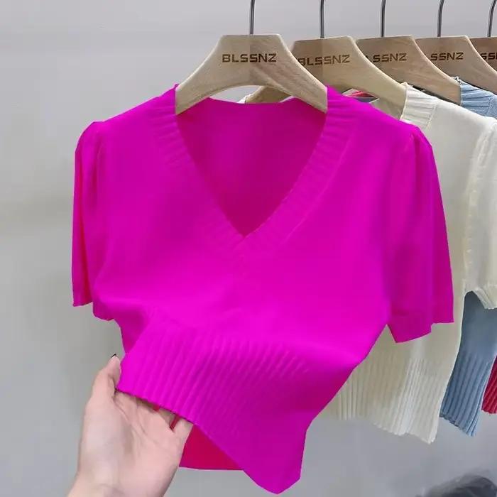 Haut court en tricot à manches courtes et col en V profond pour femmes, chemise pull décontractée au