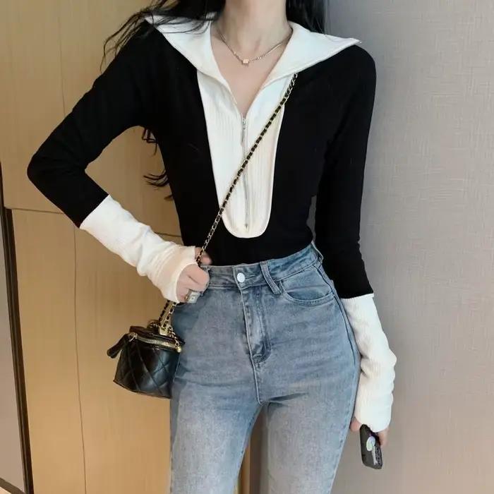 Pull à Manches sulfet Col Rabattu pour Femme, Vêtement Élégant, Fermeture Éclair, Style Patchwork, N