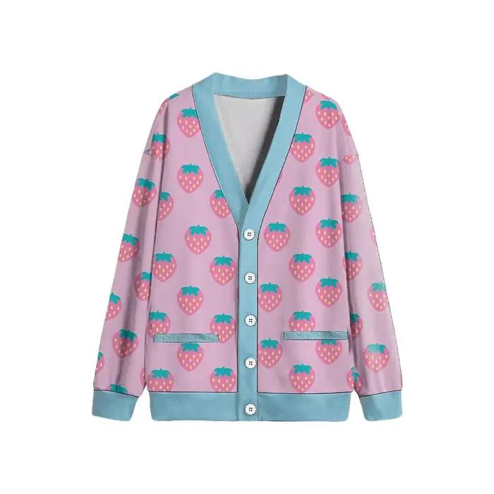 Cardigan polaire à col en v pour femme, imprimé fraise, rose Pastel, boutons, poches sur le devant, 