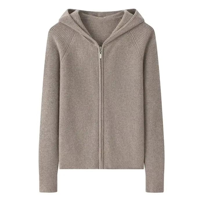 Pull 100% cachemire de chèvre, cardigan à capuche, fermeture éclair, épaule rembourrée, pull avec si
