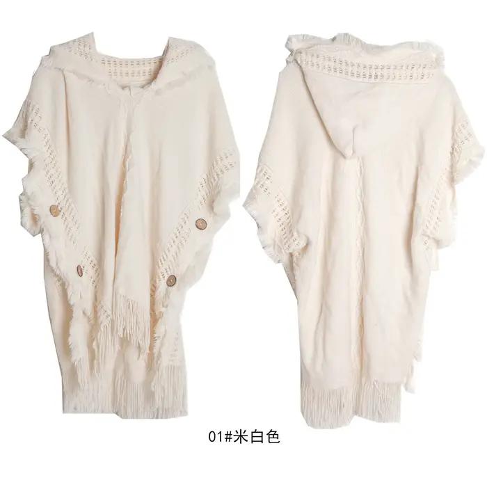 Cape Poncho à capuche en Crochet, châle Boho Chic à franges pour femmes, vêtements d'extérieur polyv