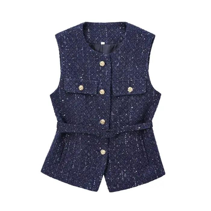 Vrouwen Pailletten Blauw gilet nouveau Mode Met Riem Vesten pour Vrouwen Herfst Mouwloze Jas Streetw