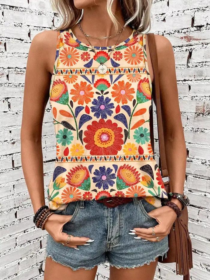Gilet à imprimé floral pour femmes, col rond sans manches, décontracté pour l'été, style bohème ampl