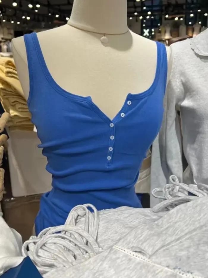 Débardeurs slim à boutons turquoise pour femmes, nouvelle collection été, streetwear simple, gilets 