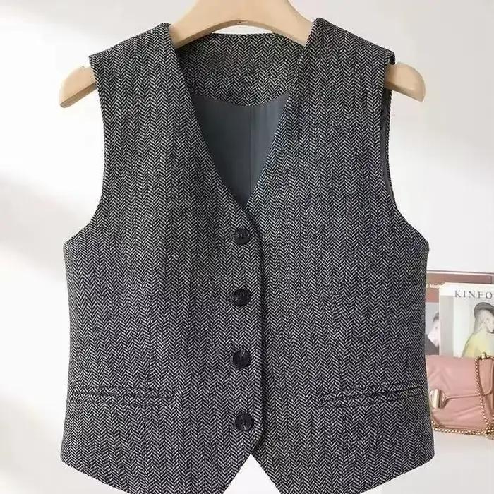 Nouveau gilet rétro style britannique 2026 à col en V et motif chevrons pour femme, coupe ajustée, à
