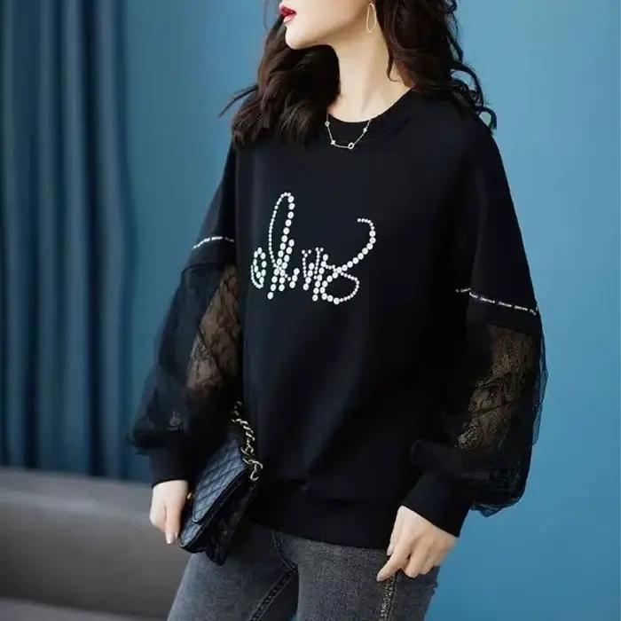 Pulls en patchwork de dentelle pour femmes, vêtements décontractés pour femmes, col rond, imprimé co