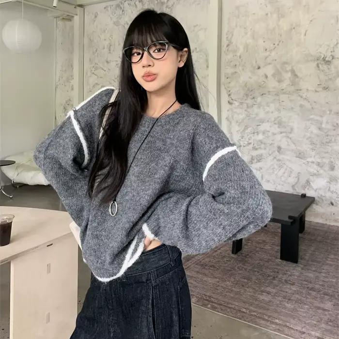 Pull épissé irrégulier pour femme, couleur contrastée, ample, col rond, tricoté, élégant, manches lo