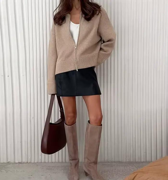 Populaire décontracté polyvalent couleur unie Double fermeture éclair tricoté pull Cardigan pour les