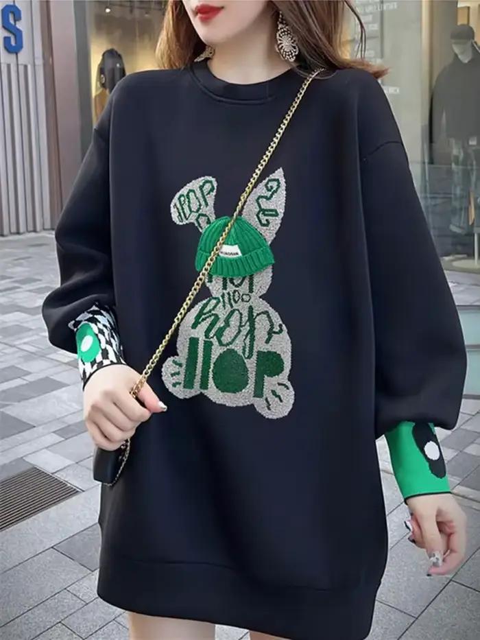 Sweat-shirt brodé Black Graphic pour femme, pull Baggy, vêtements populaires coréens, Emo, tendance,