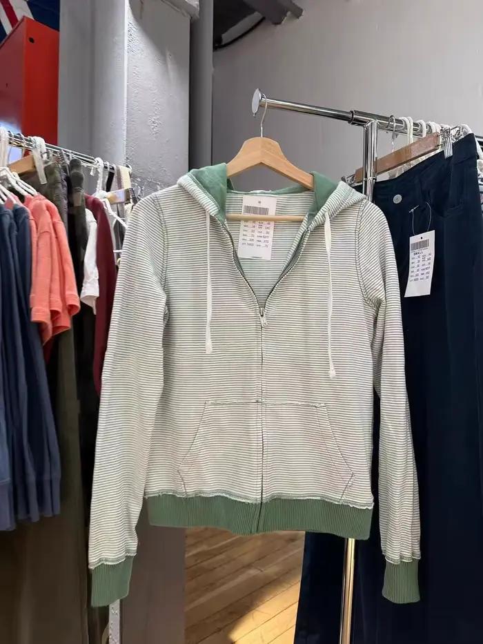 Sweat-shirts rayés verts pour femmes, sweat-shirts à capuche en coton avec poches, style vintage, mi