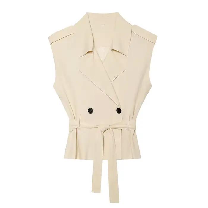 Gilets pour femmes tendance avec ceinture, col rabattu, sans manches, vêtements d'extérieur féminins