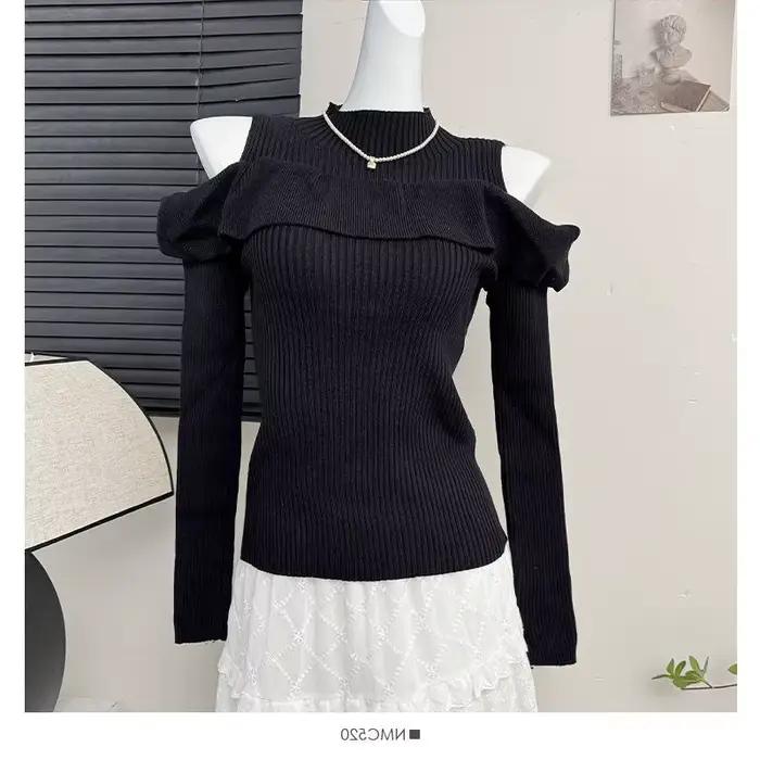 Pull tricoté à manches longues style français Pure Desire, épaules dénudées, pour femme, nouvelle mo
