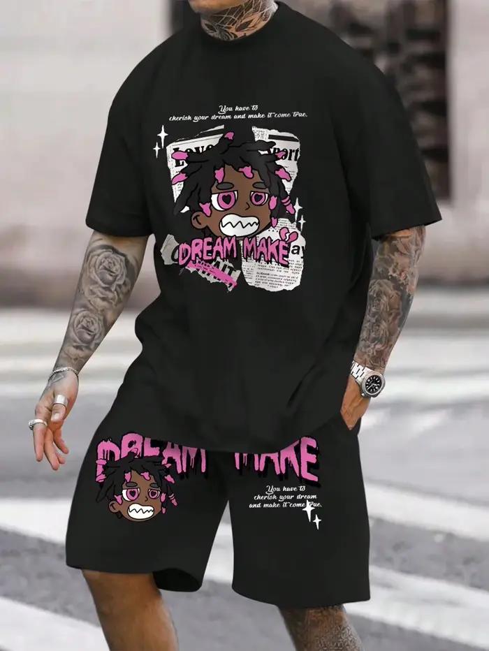 T-shirt d'été décontracté à col rond pour hommes, imprimé de personnages de dessins animés et de mot