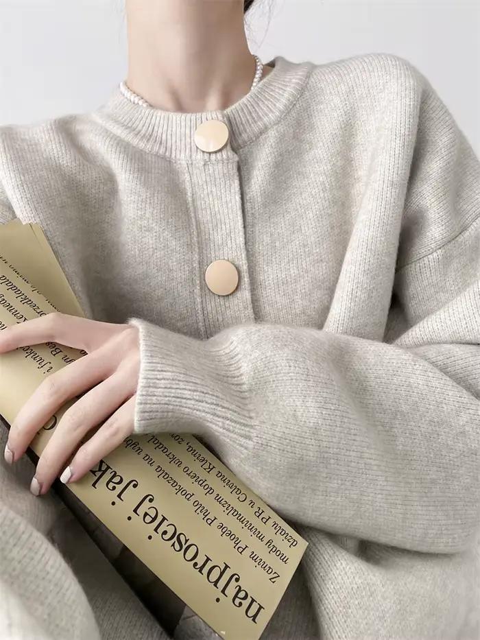 AOSSVIAO-Cardigan à col rond pour femme, couleur unie, simple boutonnage, collection automne hiver