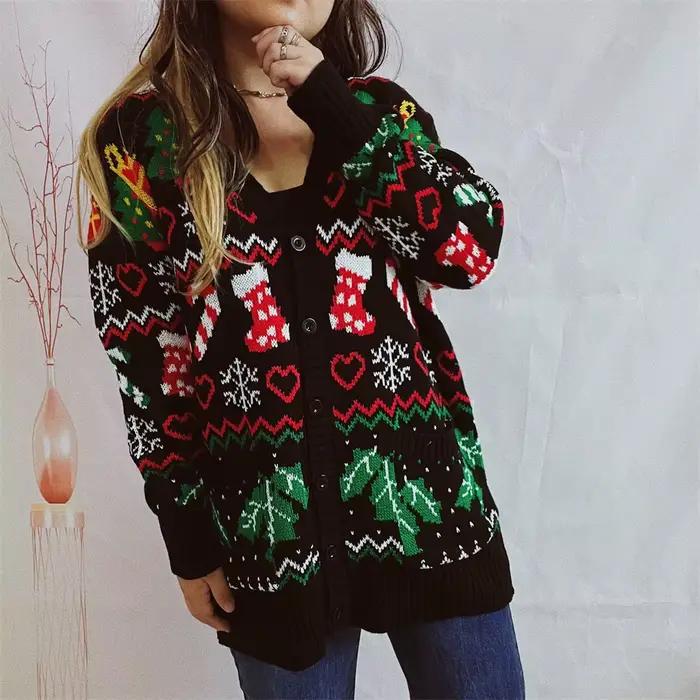 Pull tricoté à simple boutonnage et col en v pour nouvel an, Cardigan tricoté sur le thème de noël, 