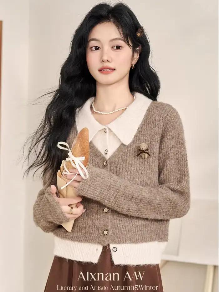 ALXNAN femmes Cardigan faux deux pièces conception régulière épaule bouton patte chandails doux pull