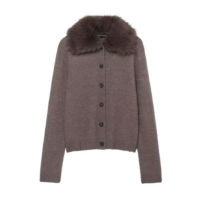 HH femmes hiver mode polyvalent fausse fourrure effet col rabattu tricoté veste femme simple boutonn